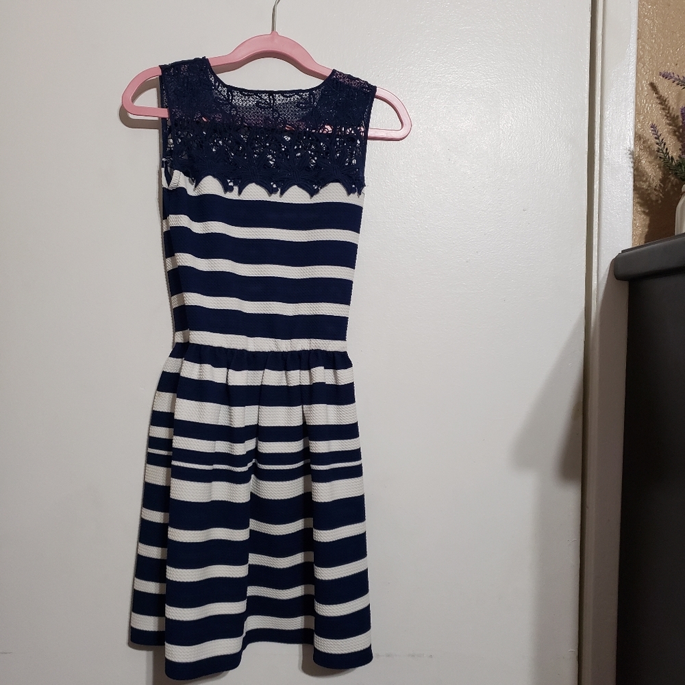 Girls Striped Navy Blue & White Dress
